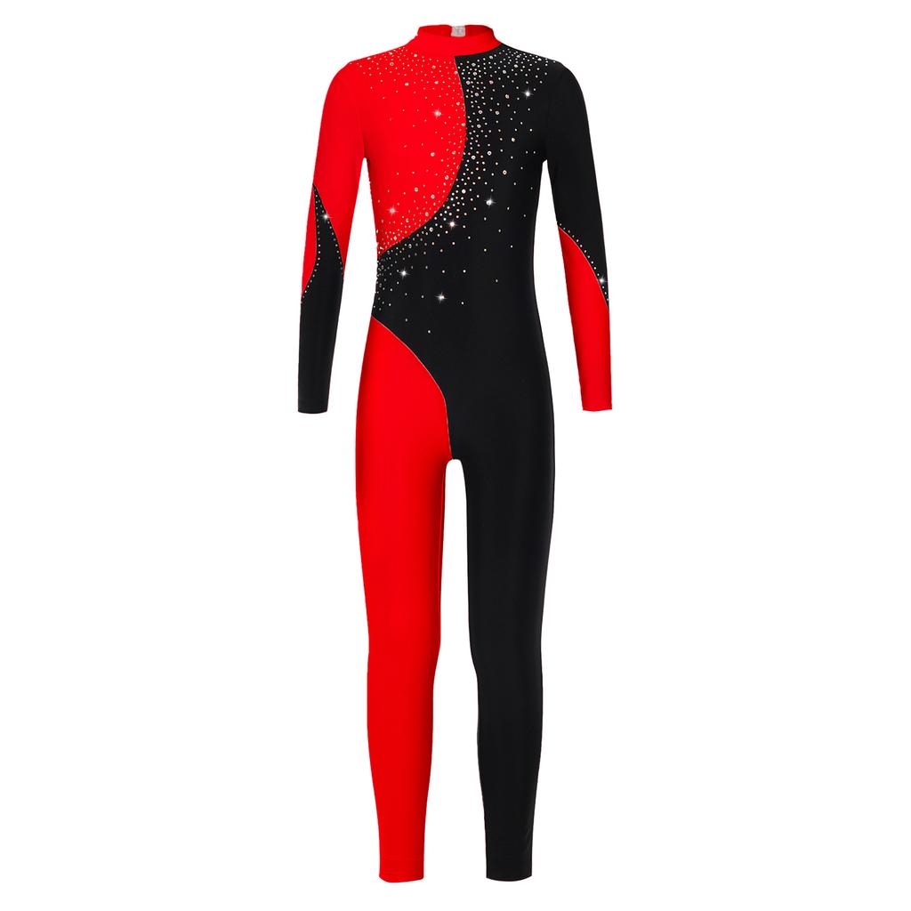 Girls Long Sleeve Round Collar Shiny Rhinestone Decorated Contrast Color Backless Jumpsuit Gymnastic Wear