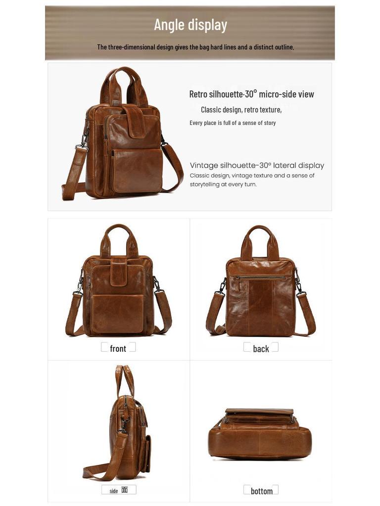 Genuine Leather Crossbody Messenger Bag - Men's Large Capacity Retro Vertical Handbag for Casual or Commute Use.