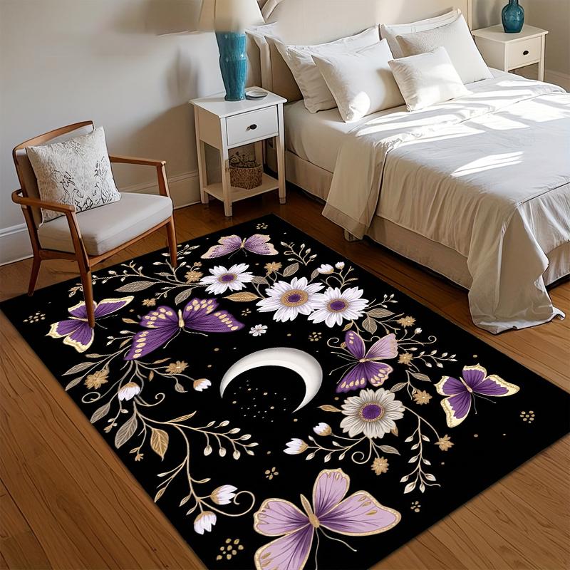 Black Purple Butterfly Crescent Area Rug Non Slip Mat for Bedroom Living Room Mystical Home Decor Aesthetic Witchy Bedroom