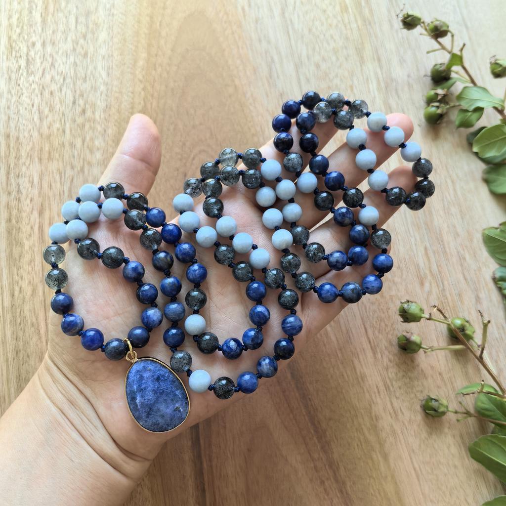 Black Lepidolite,Aquamarine Mala with Sodalite Pendant,108 Hand Knotted Healing Meditation Beads,Yoga Necklace,JapaMala Gift
