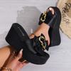 Fashion Aphixta Black Summer 9cm Wedge Heels Slippers Women Metal Bow Mulers Platform Sandals Clog Shoe Slides Plus Size 43