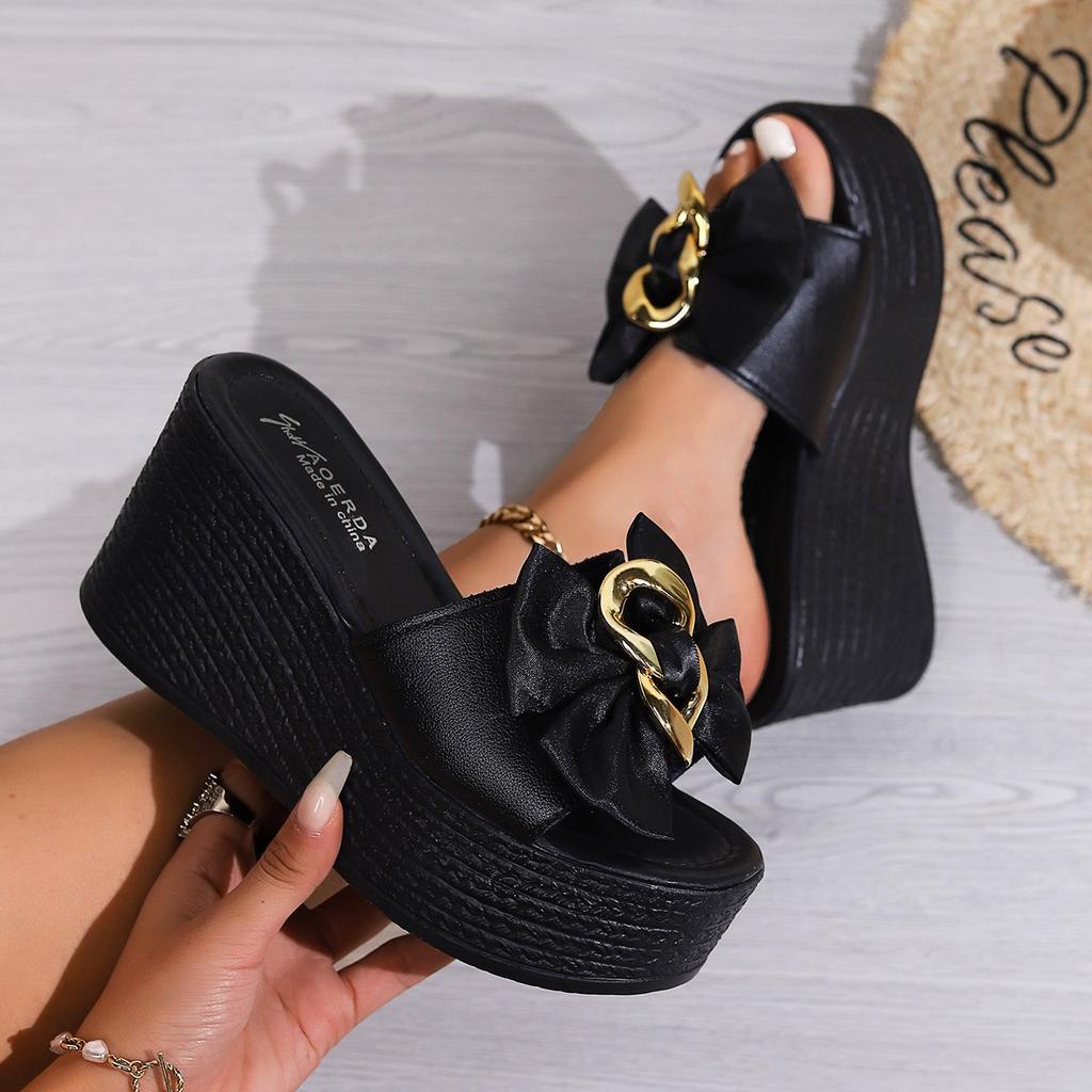 Fashion Aphixta Black Summer 9cm Wedge Heels Slippers Women Metal Bow Mulers Platform Sandals Clog Shoe Slides Plus Size 43