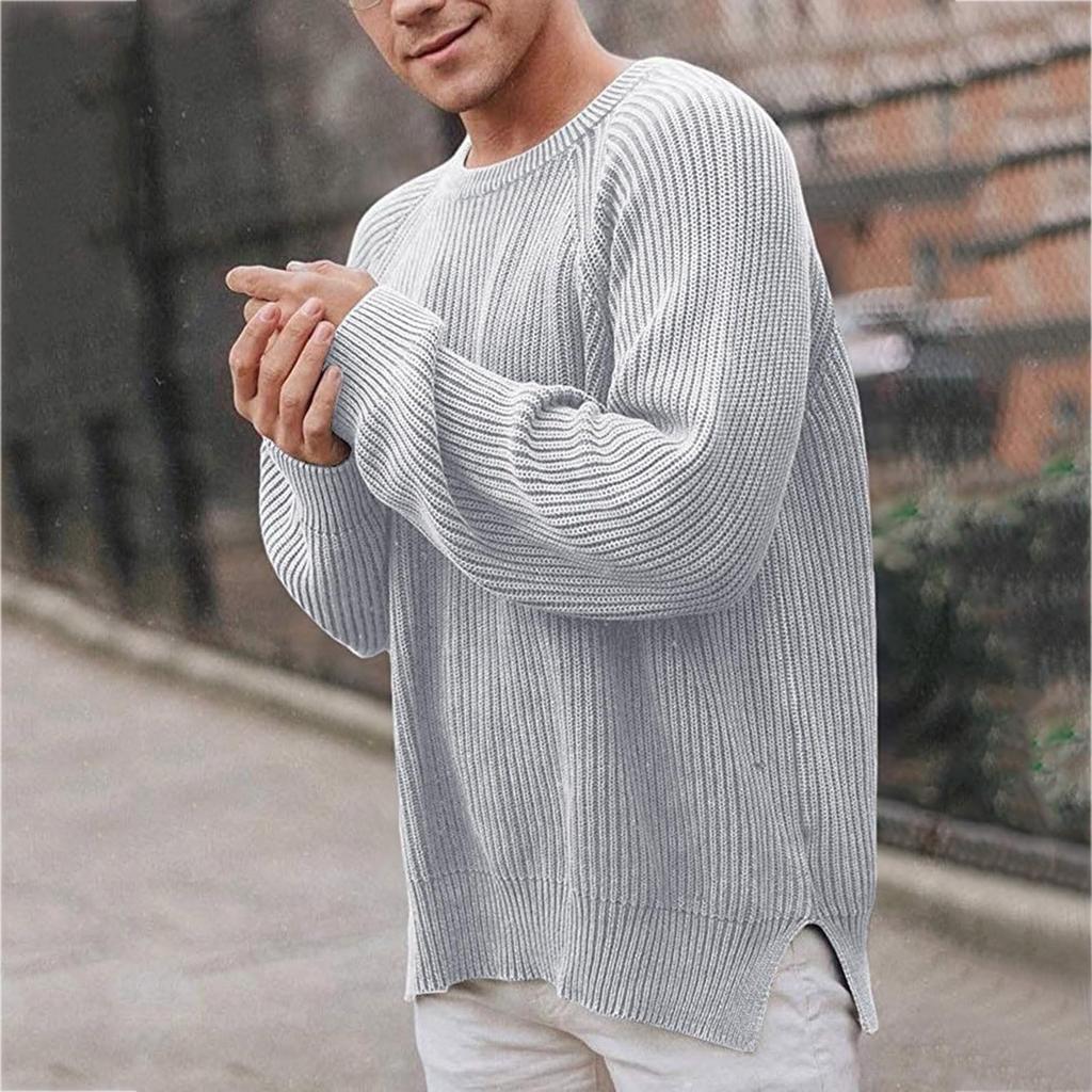 Men's Solid-color Long-sleeved Round-neck Pullover, Knitted Sweater, Men's Striped Sweater