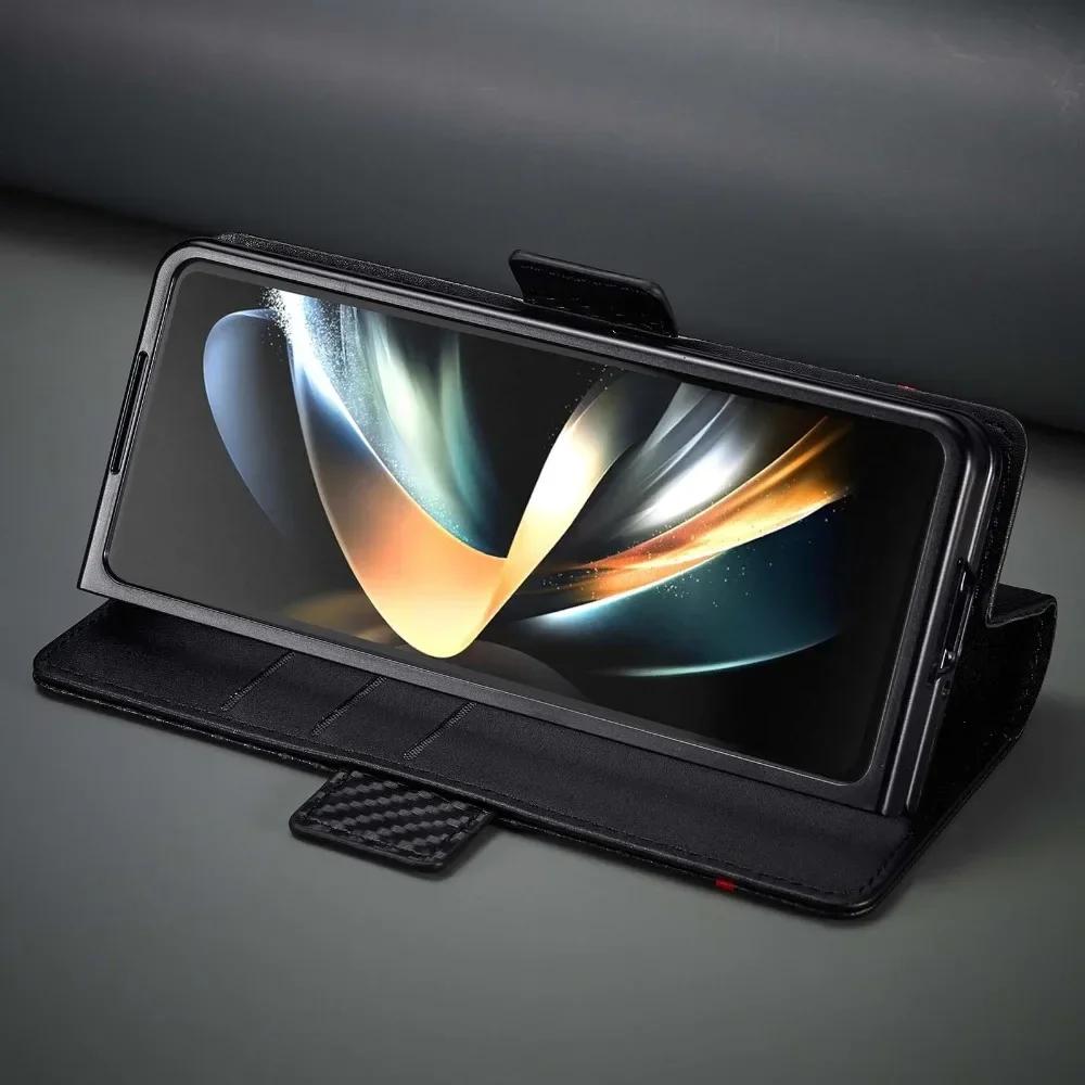 Чехол из углеродного волокна и кожи для телефона Samsung Galaxy Z Fold 6 5 4 3 Fold6 Fold5 Fold4 Магнитный флип-кошелек с чехлом для карт