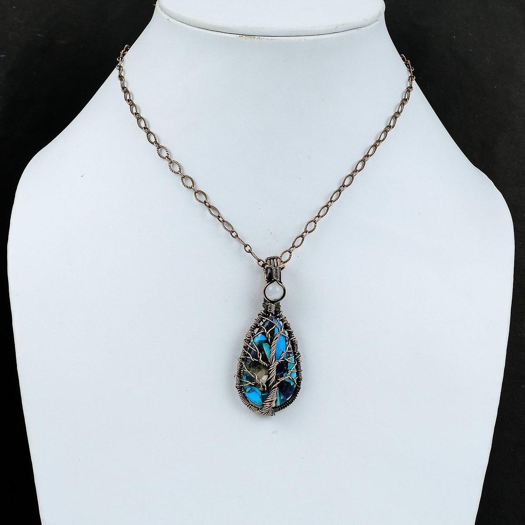 Древо Жизни Медный Синий Бирюзовый Кулон Медная Проволока Обернутый Лунный Камень Кулон Ручной Работы Женские Ювелирные Изделия Драгоценный Камень Медь Ювелирные Изделия Подарок Для Нее