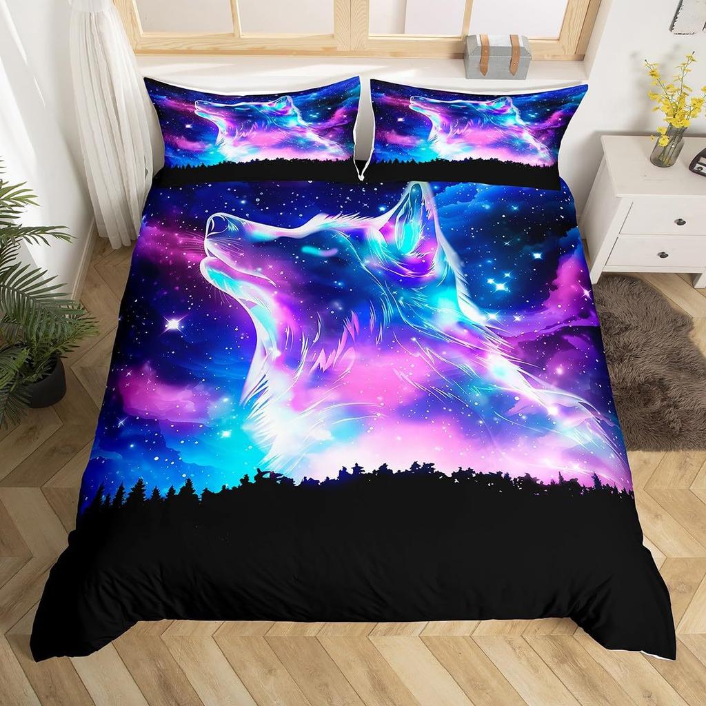 Wolf Starry Sky Forest Printed Duvet Set Bedding Set For Bedroom Three-piece Set