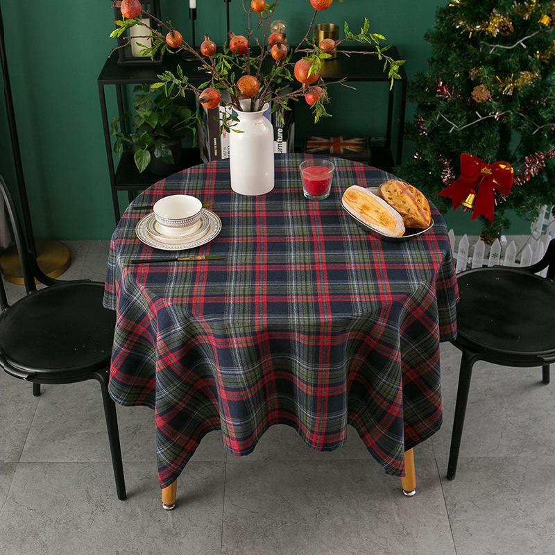 Christmas Plaid Linen Tablecloth Tea Table Cover Vintage American Decorative Fabric