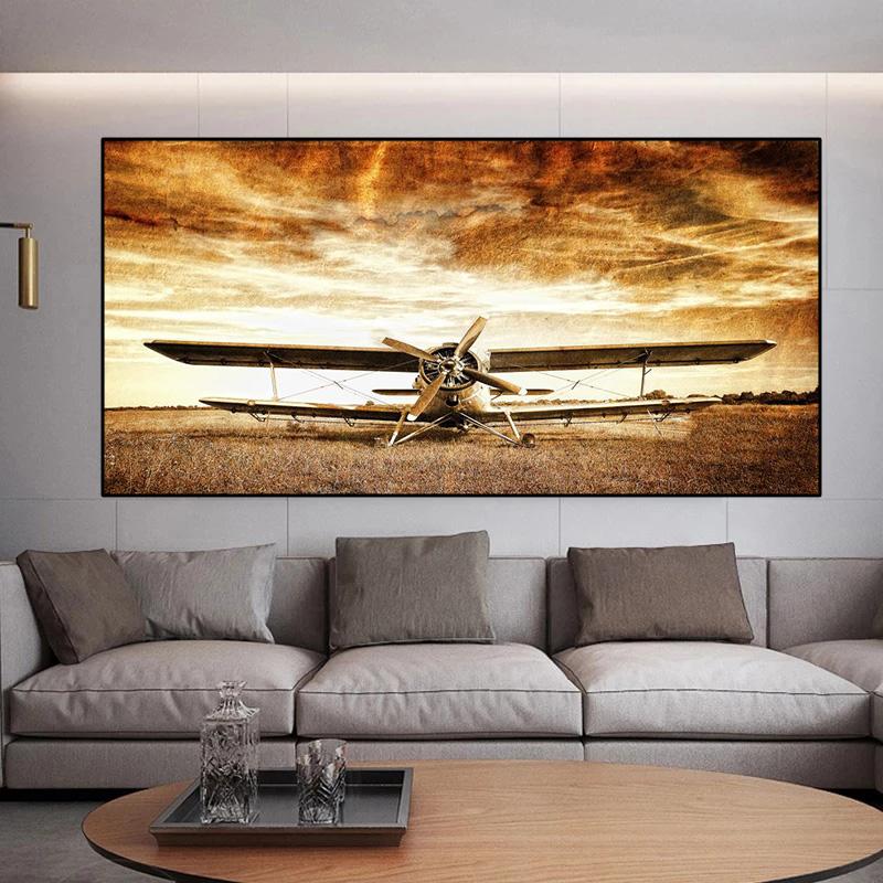 Абстрактная винтажная картина с самолетом на холсте в стиле ретро, ​​старые постеры и принты, настенные художественные фотографии для гостиной, домашний декор, без рамки, без рамки