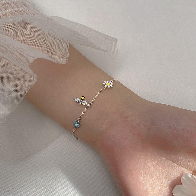 Real 925 Sterling Silver Zicon Flower Bee Bracelet For Fashion Women Party Cute Fine Jewelry Minimalist Accessories