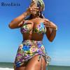 Цветочный Холтер с лентой для волос, юбка, бикини, женский купальник, женские купальники, комплект бикини из четырех предметов, купальный костюм для плавания