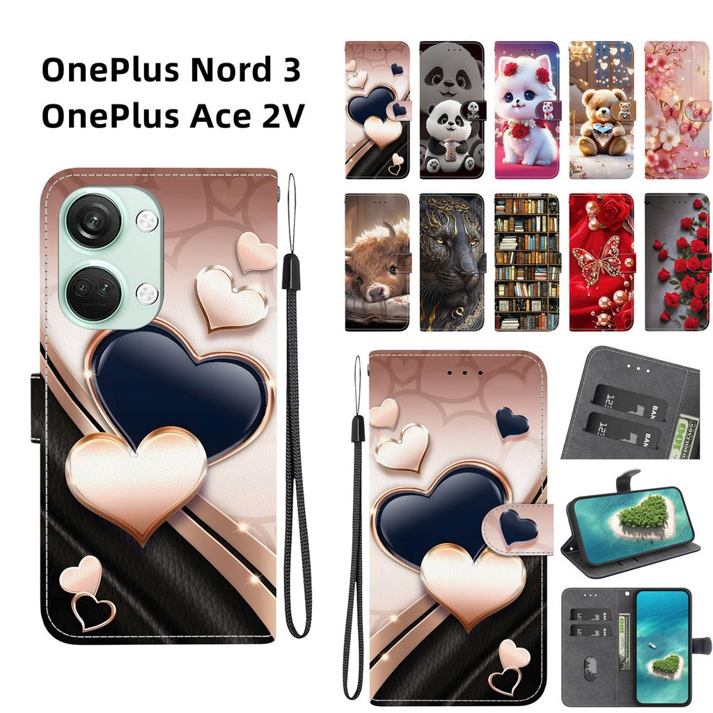 Чехол-книжка из искусственной кожи ручной работы для OnePlus Nord 3 / OnePlus Ace 2V, противоскользящий, противоударный чехол с ремешком на запястье и дизайном в виде сердца/розы и кошки