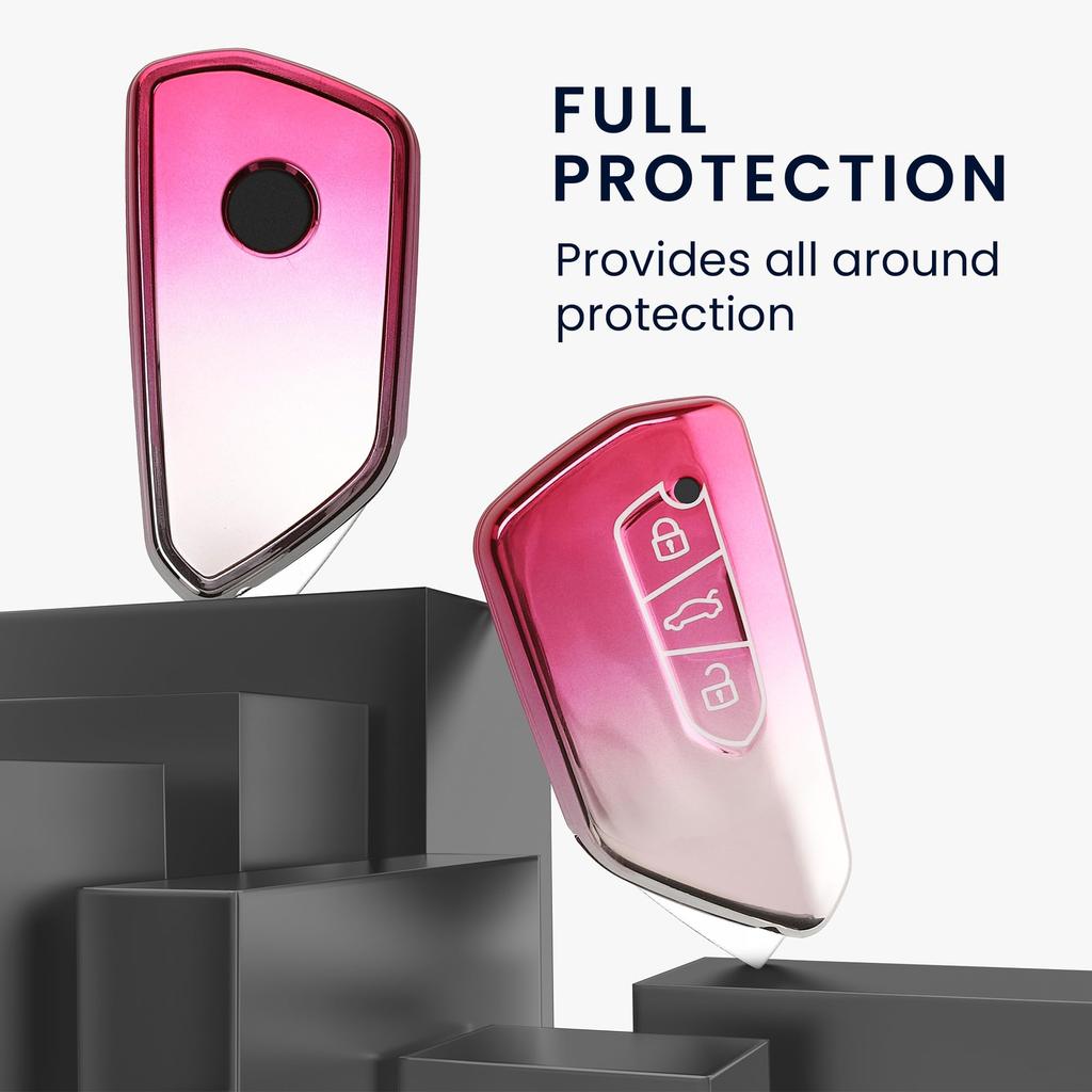 kwmobile Чехол для ключа автомобиля VW Golf 8 с 3 кнопками - Чехол для ключа с глянцевой отделкой TPU - Противоударная защита ключа автомобиля, матовый розовый/серебристый