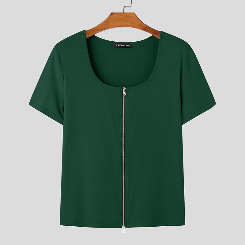 INCERUN Летние мужские футболки с коротким рукавом и U-образным вырезом на молнии, повседневные облегающие футболки, короткие топы