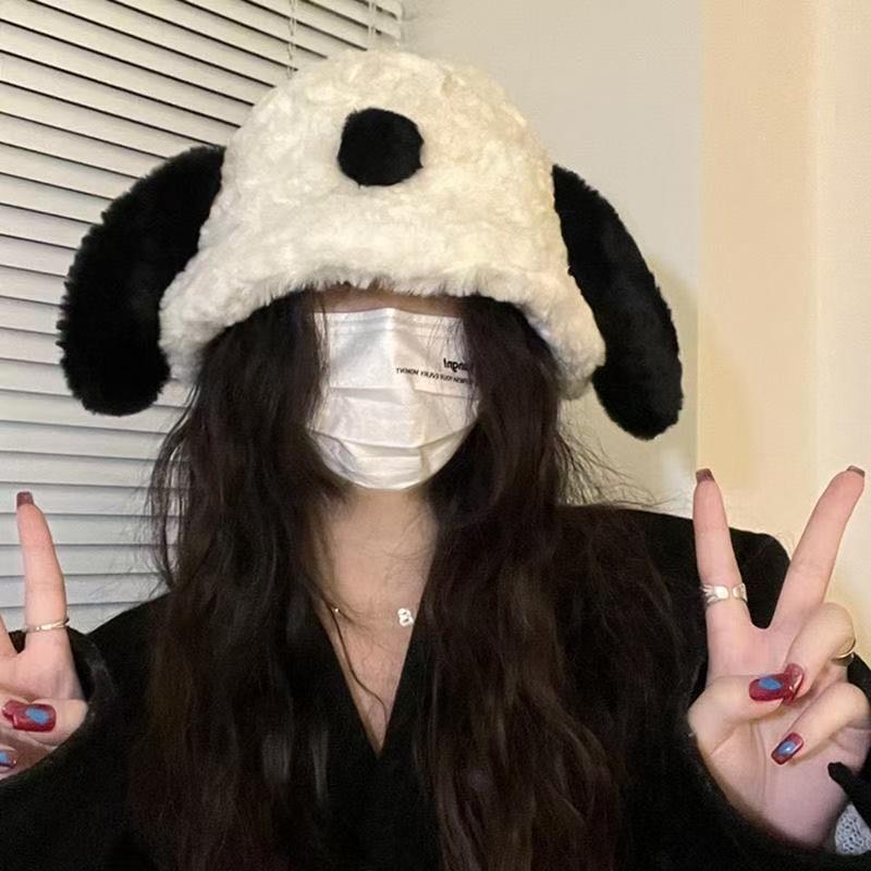 Милая плюшевая панама для щенка, женская, осенне-зимняя, белая, пушистая мордочка, маленькая теплая шапка с защитой ушей, студенческая, универсальная