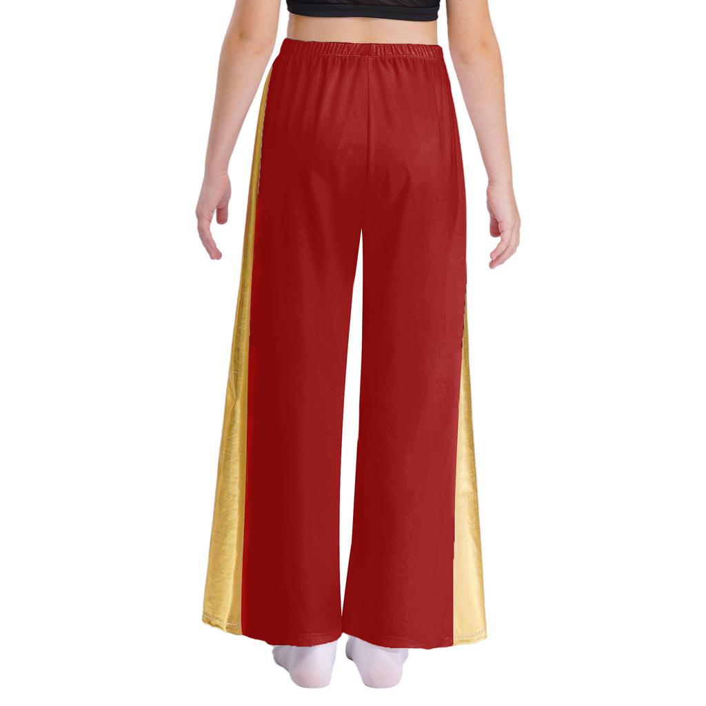 Girls Liturgical Dance Pants Metallic Patchwork High Waist Elastic Band Wide Leg Loose Trousers