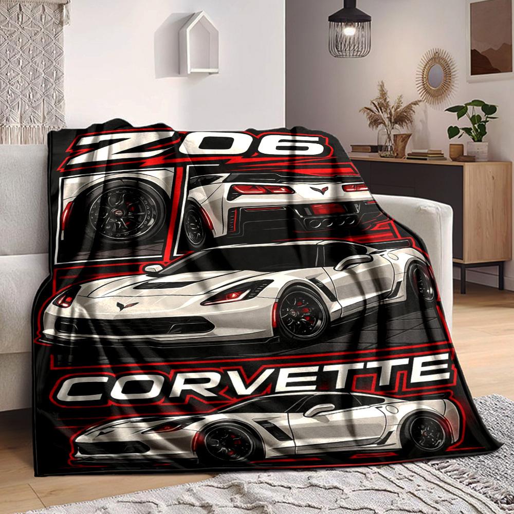 1pc Corvette Z06 Car Blanket Lightweight Flannel Blanket Throw Blanket For Sofa, Bed, Travel, Camping, Livingroom, Office, Couch