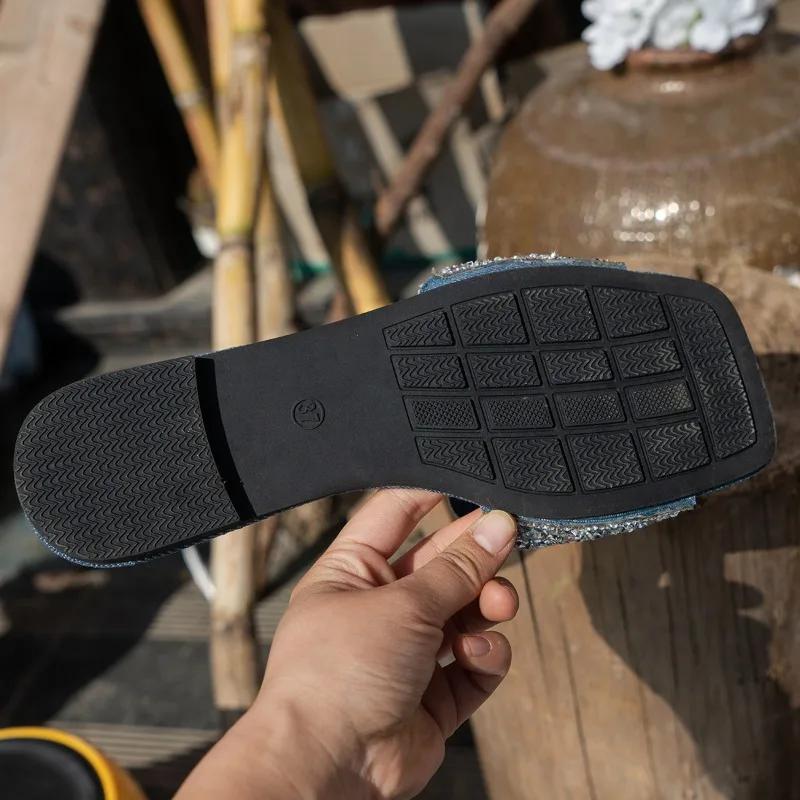 Женская обувь 2024 года, новые женские тапочки с открытым носком, летние, с пайетками, однотонные, на плоской подошве, повседневные, удобные, большого размера