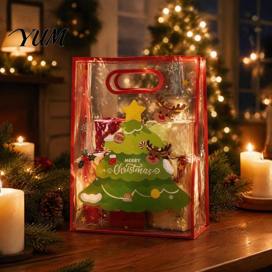 Small Gift Sacks for Christmas Bags with Handles, Reusable Clear PP Treat Transparent Candy Apples Cookies, Holiday Party Favor Packaging Ribbon