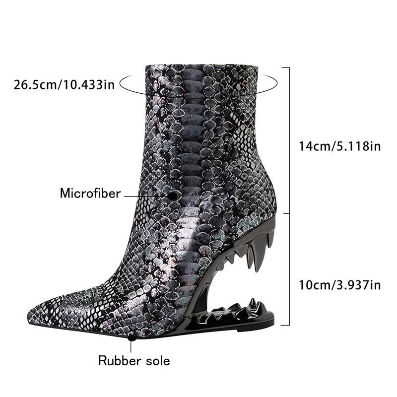 Модная женская новая весенне-осенняя обувь с острым носком, каблуком «тигриный зуб», змеиным узором, молнией и высоким каблуком до икры, ботильоны большого размера