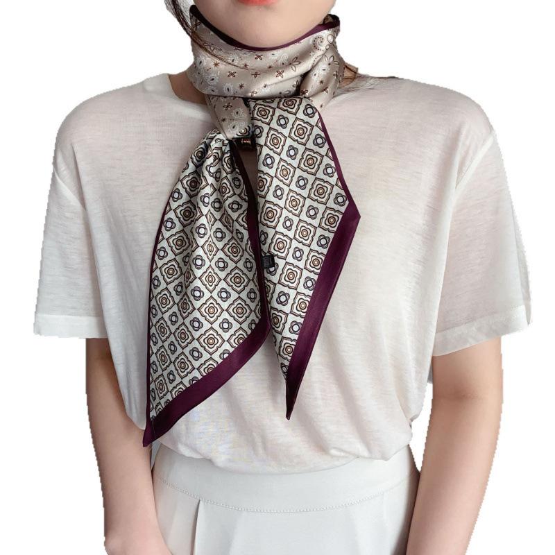 Fresh And Simple Silk Scarf Neck High-End Headband Diagonal Silk Scarf Scarf Streamer Shirt With Rhombus Scarf