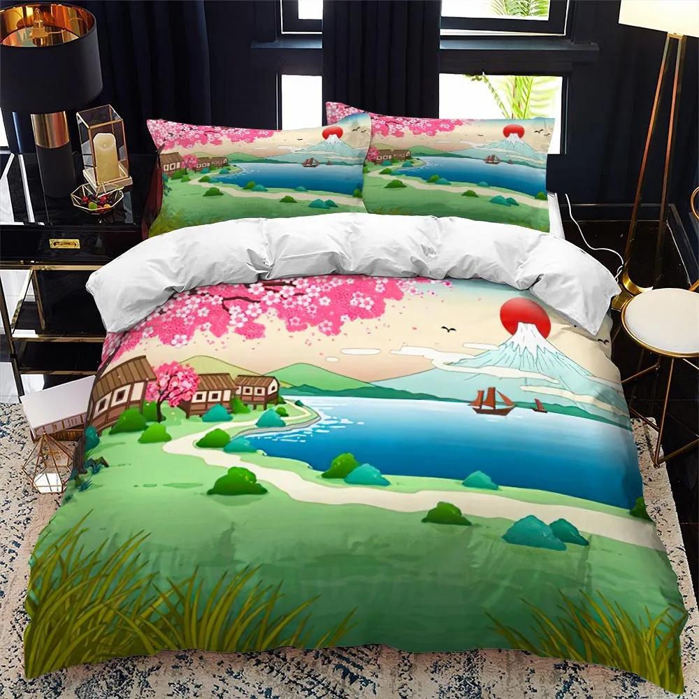 Japanese-Style Duvet Cover Set King Queen Full Size Ukiyo-e Theme Wave Pattern Polyester Bedding Set Fuji Mountain Exotic Style