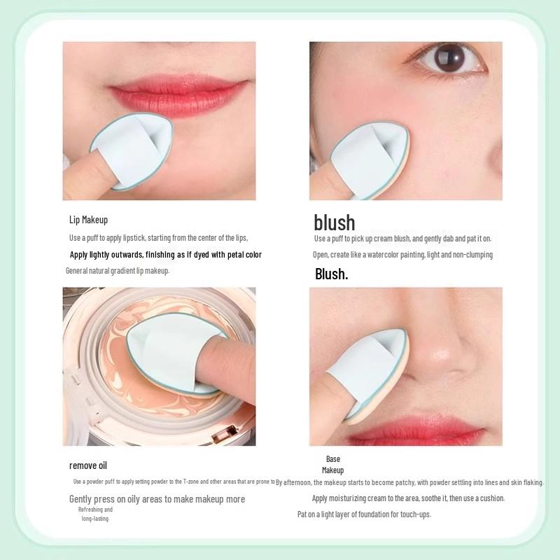 Треугольный спонж: Не впитывающий, двойного назначения для влажного/сухого использования. Заостренный кончик для нанесения, подушечка для пальца, идеально подходит для консилера и жидкой основы.