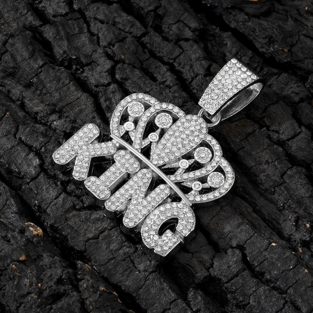 King Cuban Pendant Necklace with Alloy Rhinestone Crown - European & American Hip Hop Jewelry.