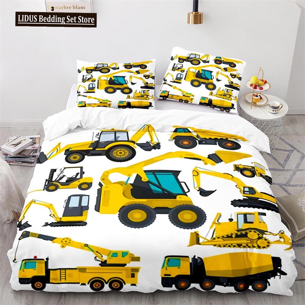 Комплект пододеяльника Digger Мультяшный Грузовик Тяжелой Техники Кран Бетономешалка Экскаватор Трактор Узор Для Ребенка Подростка Полиэстеровый Постельный Комплект