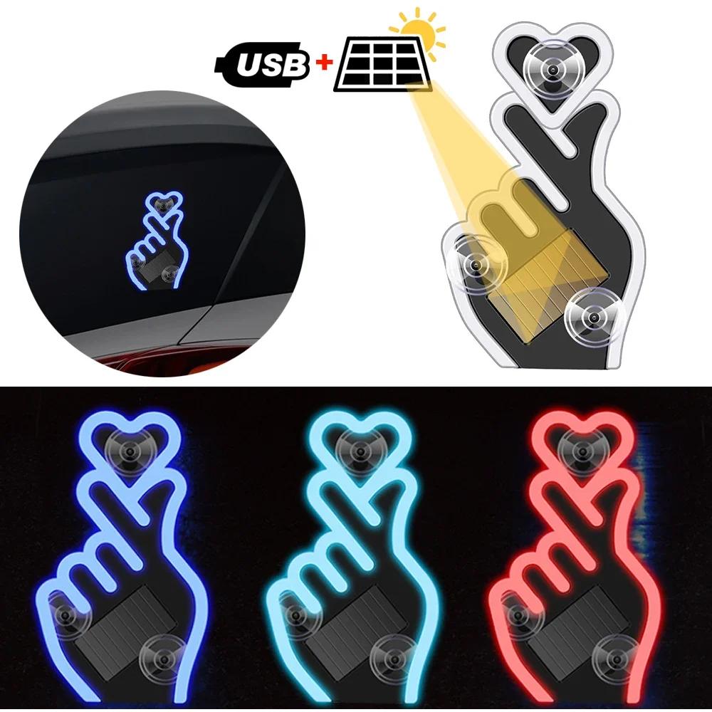 Creative Fun Heart Lamp Car Interior Windshield LED Decorate Lamp Hand Gesture Sign Light 5V USB & Solar Powered No-Wire Heart Neon LED Light