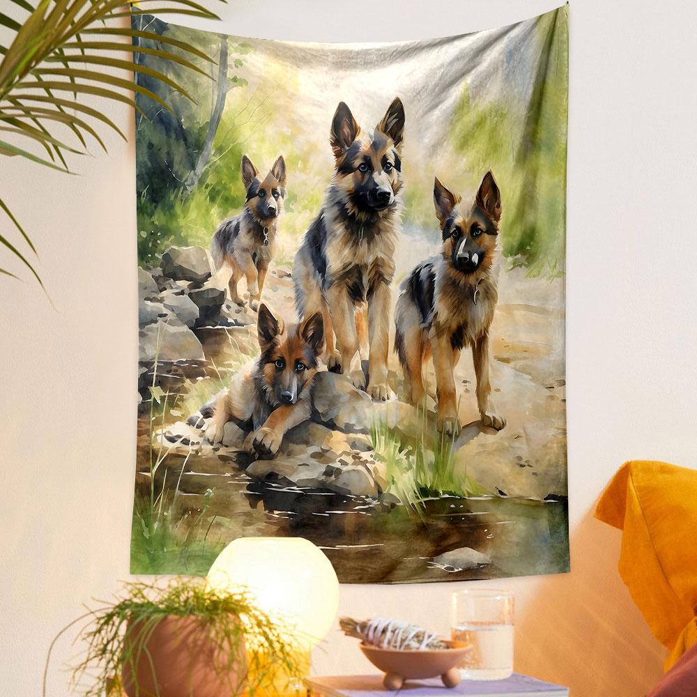 "German Shepherds by a Stream" Patterned tapestry home decor, suitable for bedroom and living room, gift