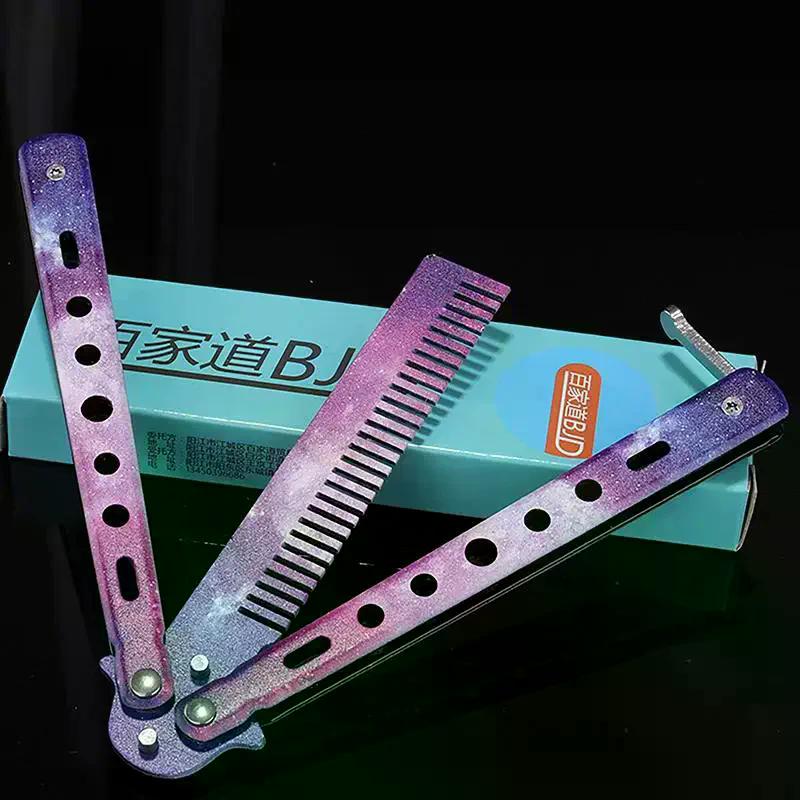 /YOV/Stainless Steel Butterfly Knife Comb Beard Moustache Brush Foldable Comb Salon Hairdressing Styling Tool 1Pcs
