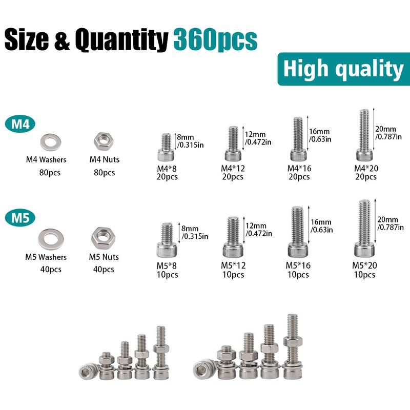 360-piece stainless steel socket head cap bolt and nut set, M4/M5, lengths 8mm, 12mm, 16mm, 20mm, for industrial equipment.
