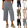Capris Pants For Women Cotton Linen Casual Summer Straight Wide Leg Loose Drawstring Elastic Waist Cropped Trouser