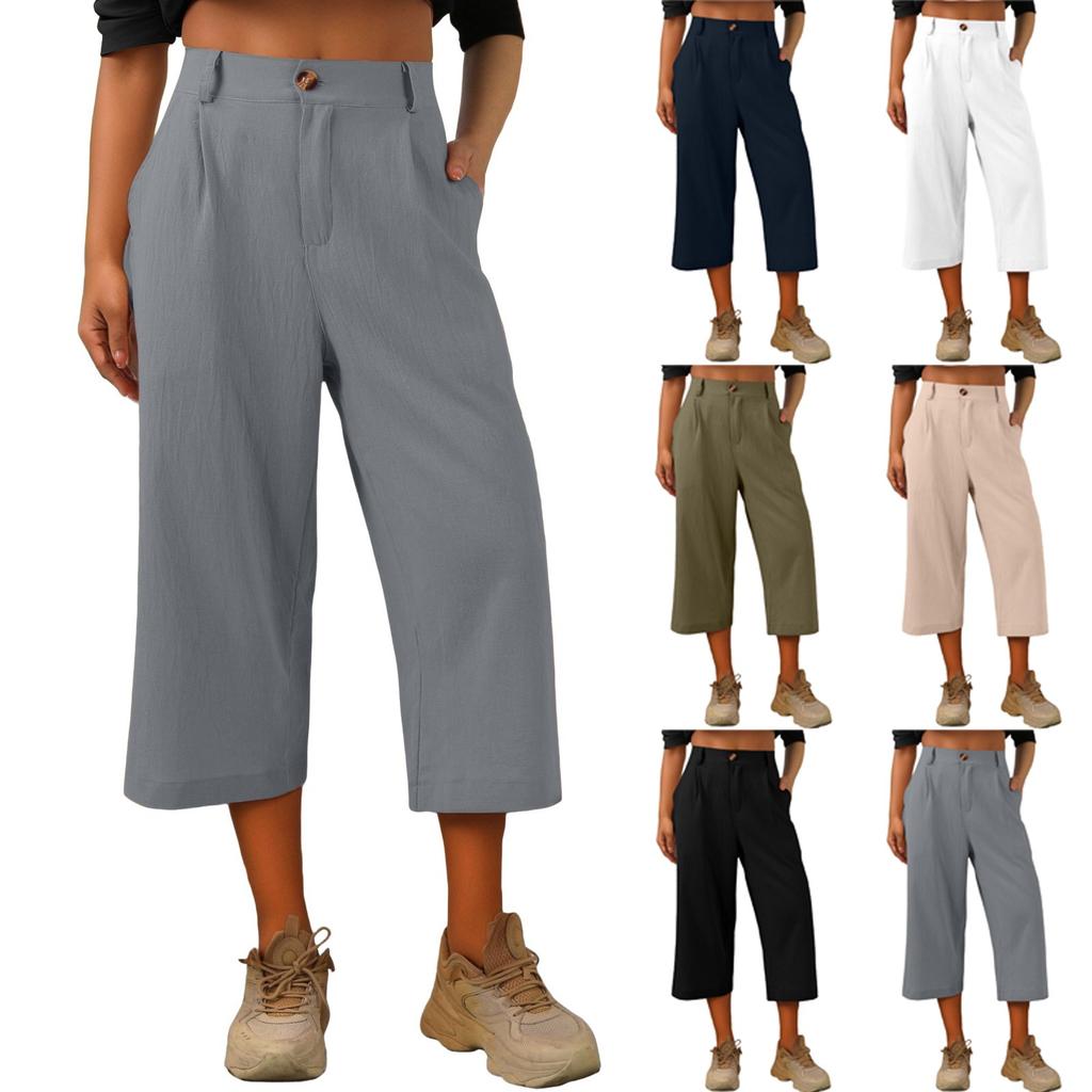 Capris Pants For Women Cotton Linen Casual Summer Straight Wide Leg Loose Drawstring Elastic Waist Cropped Trouser