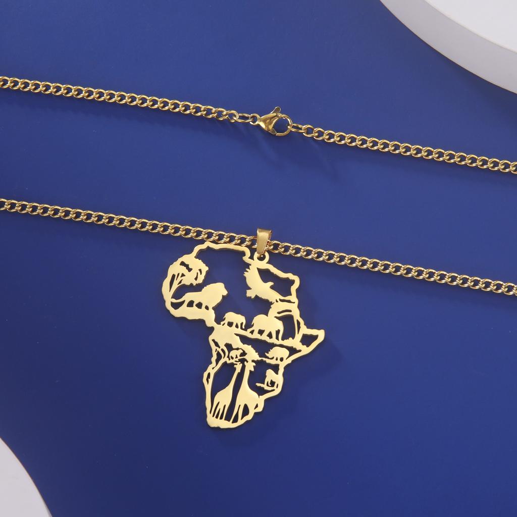 Myshape Animal Map Lion Giraffe Elephant Pendant Stainless Steel Necklace Men's and Boys Fashion Ethnic Jewelry Gift