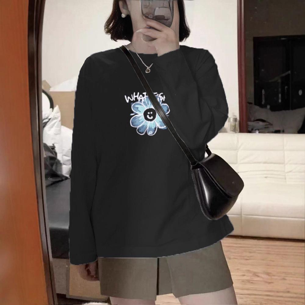 Женская весенне-осенняя футболка с длинным рукавом, круглым вырезом, оверсайз, свободная, с цветочным принтом, пуловер, топ для многослойности