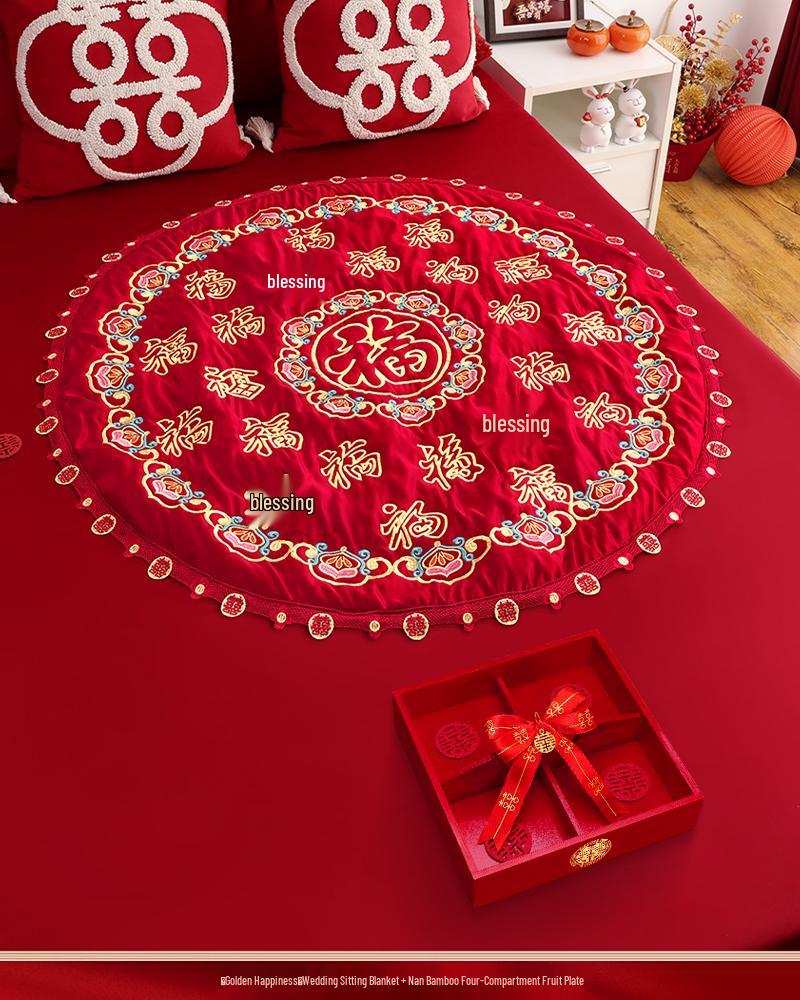 Набор вышитых свадебных подушек: 'Фу' Иероглиф и Дизайн 'Сто Благословений' для Постели Невесты с Мотивом Ранних Родов