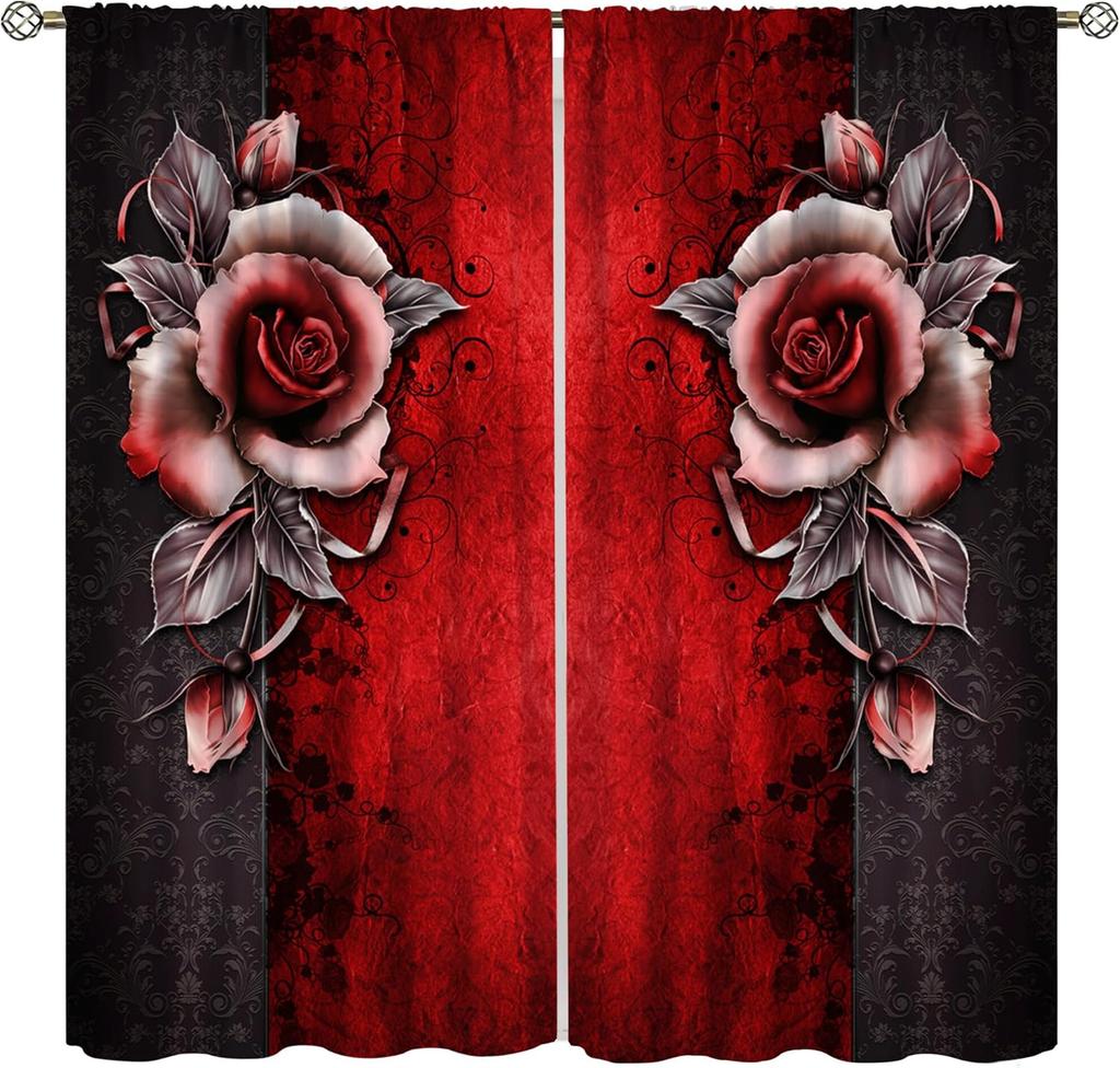 Red Rose Curta,Valentines Romantic Rose Print Burgundy Red And Black Flower Window Treatments For Women Girls Home Decor