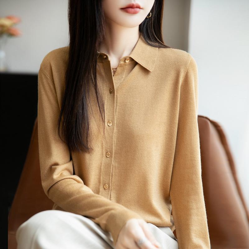 Женский вязаный кардиган на начало осени: Свитер-топ с воротником поло и длинными рукавами