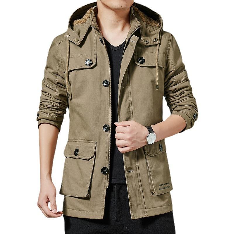 Осень и зима, новая корейская версия повседневной мужской куртки, ворсистый и утолщенный, вымытый чистый хлопок, средний и длинный тренчкот для мужчин