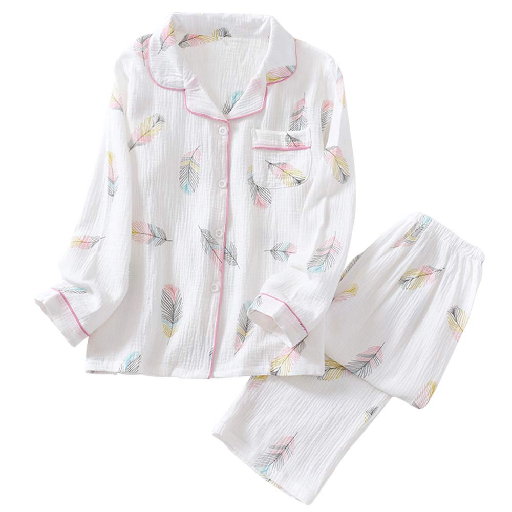 Hilltop Cloud Pajamas Cotton 100 Double Gauze Womens Loungewear Long Sleeve Set Front Opening Moisture Absorbing Breathable Skin Friendly Room Wear