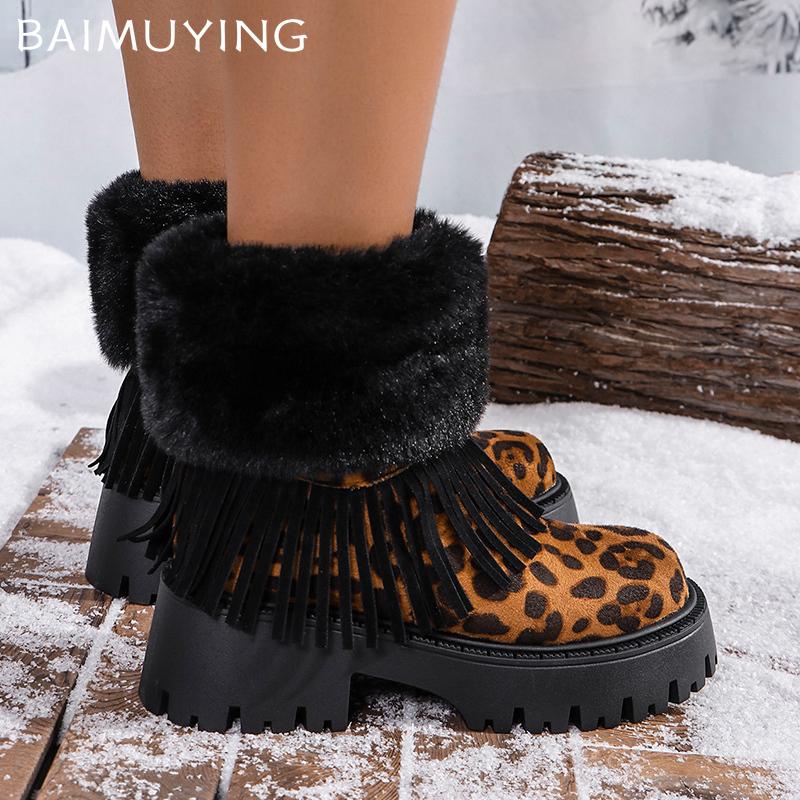 Женские зимние ботильоны на платформе с леопардовыми кисточками, замшевые меховые туфли на среднем каблуке, короткие плюшевые зимние ботинки 2025 года, тренд, теплые ботинки для женщин