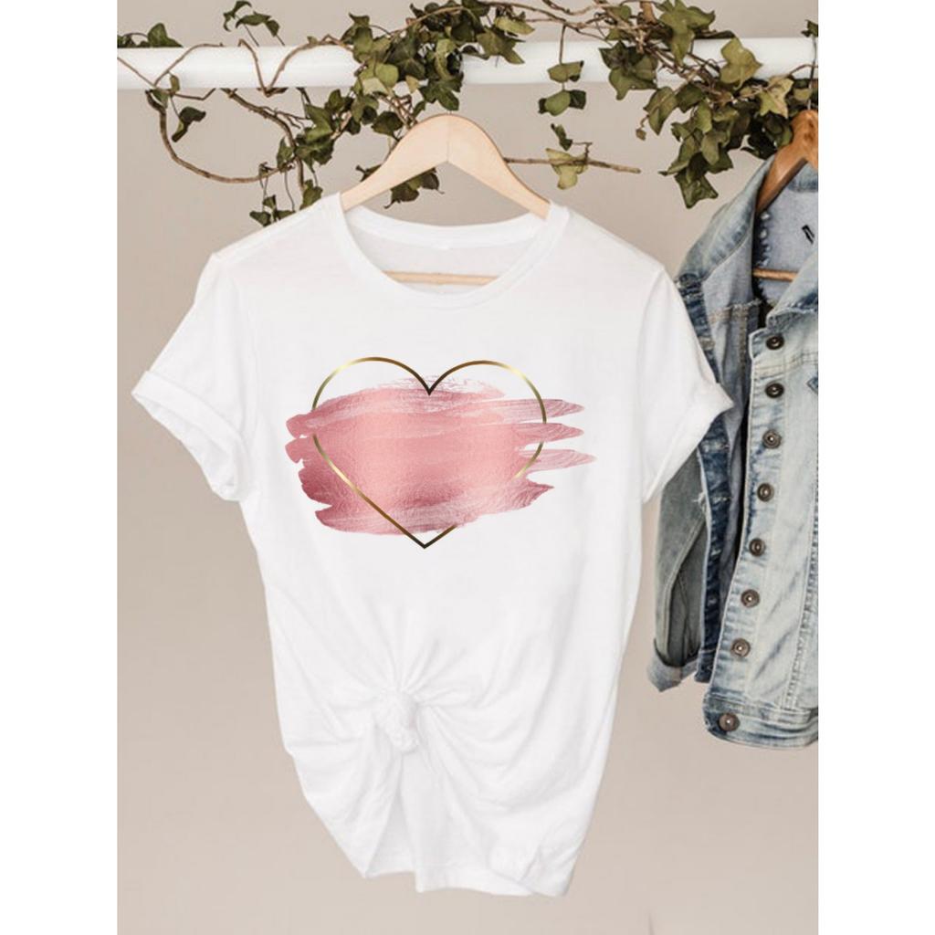 Watercolor Love Heart Sweet Fashion Short Sleeve Print T Shirt Tee Basic Clothing Summer Top Graphic T-shirt Women Clothes