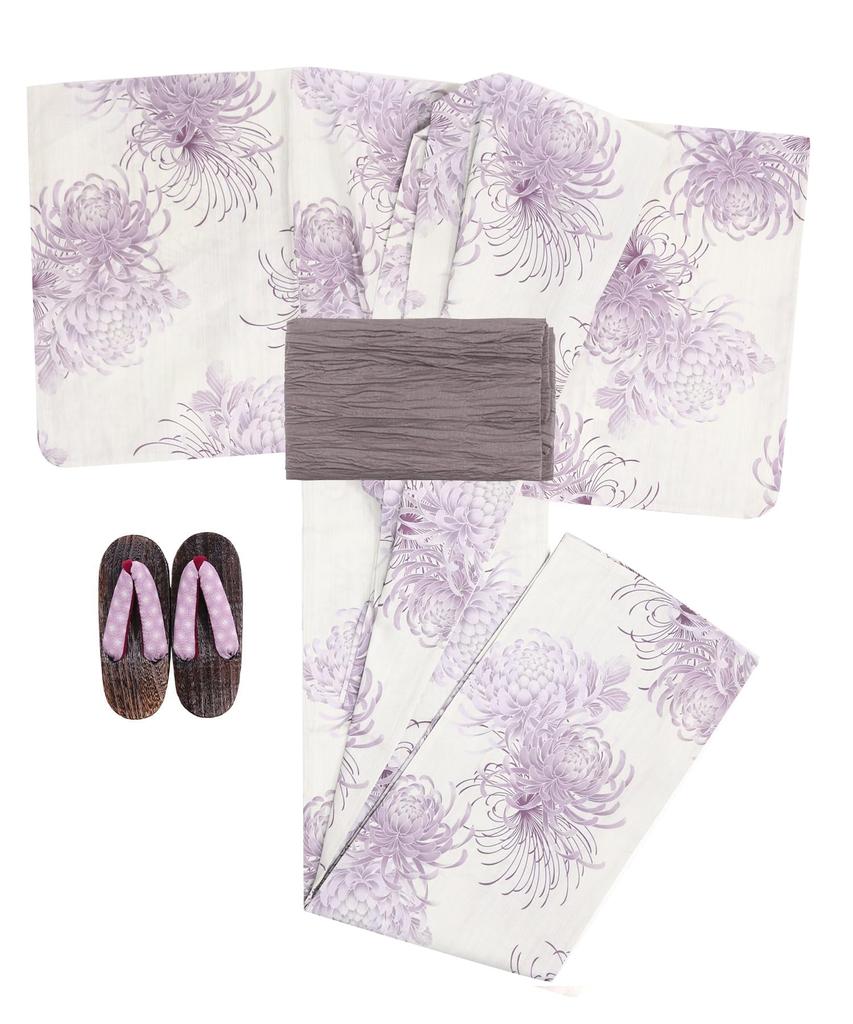 Юката Set for Change 3 Piece Set Heiko Junior Girls H Purple Chrysanthemum [KYOETSU] Девочки, цвет экрю, плетение, (Юката, Оби, Гета) (2. Дымка, 130см)