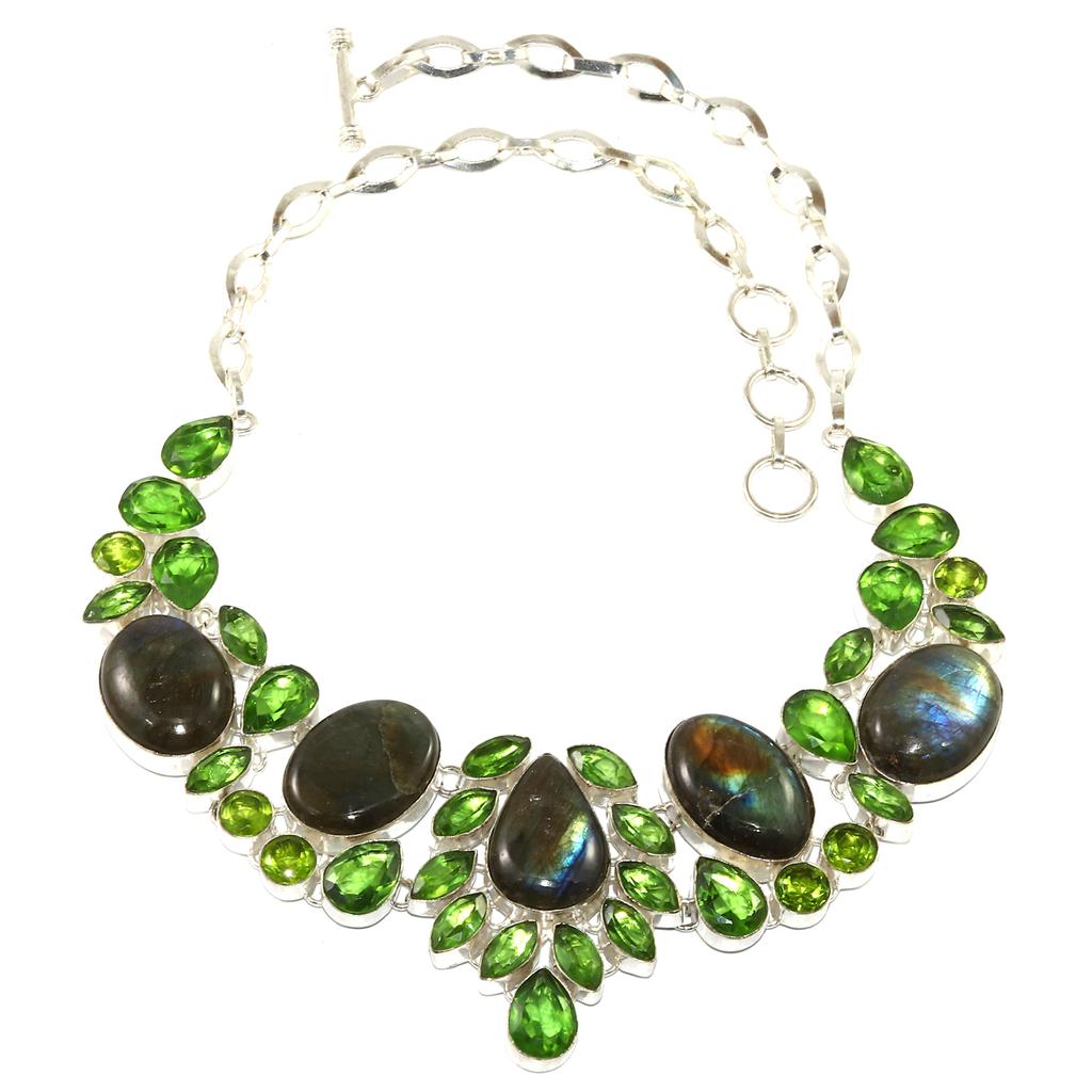Fiery Labradorite Peridot Gemstone Silver Jewelry Necklace 16-18''
