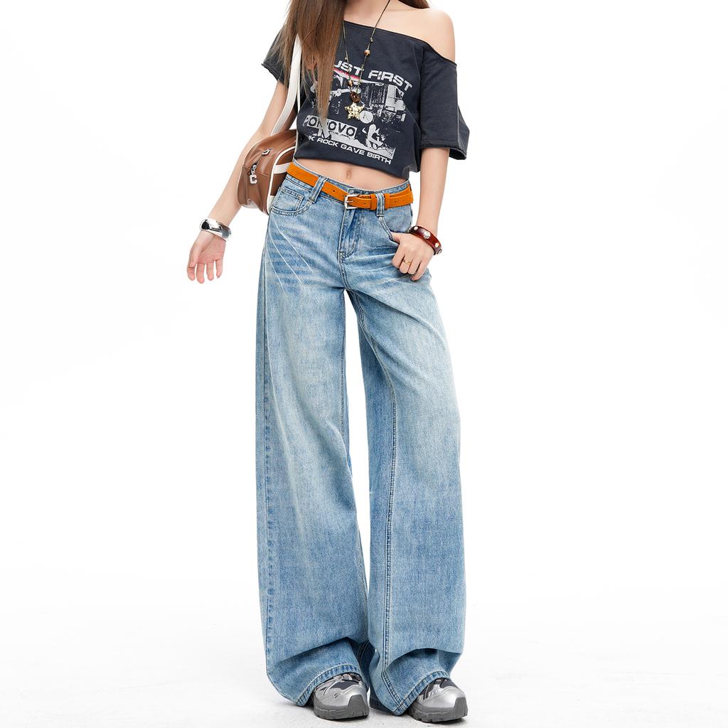Ge Di Jie Trendy Design Washed Cat Whiskers High Waist Narrow Version Wide Leg Jeans Women's New Style