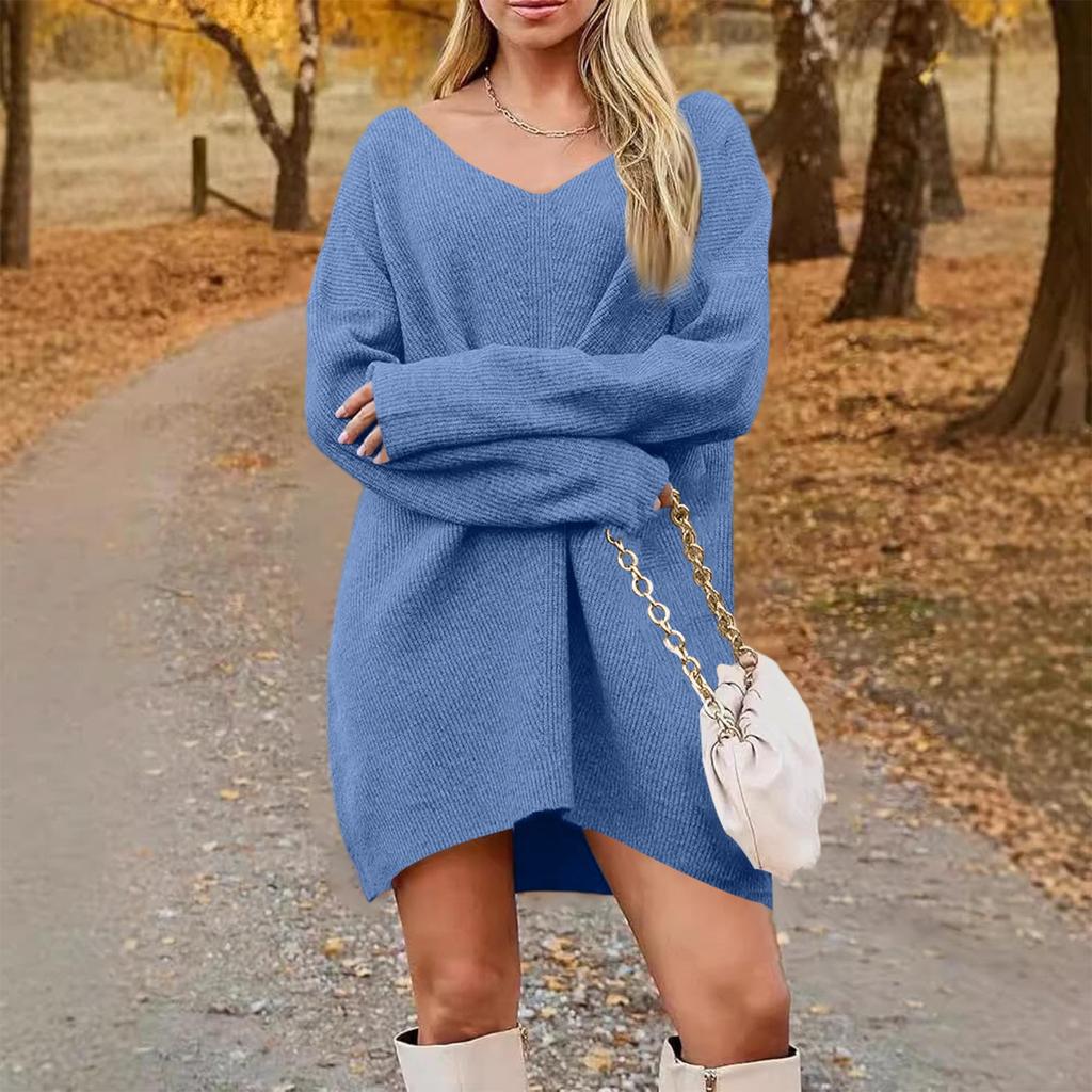 Women's Fashion Casual V-neck Long Sleeve Rib Knitted Sweater Dress