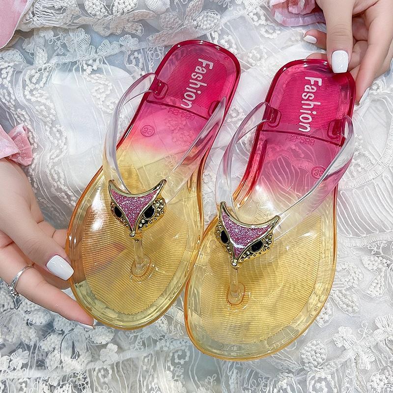 Crystal Flip-flops Women's Flat-bottomed Outdoor Slippers Women's Layered Jelly Beach Shoes Clip Toe Casual Slippers