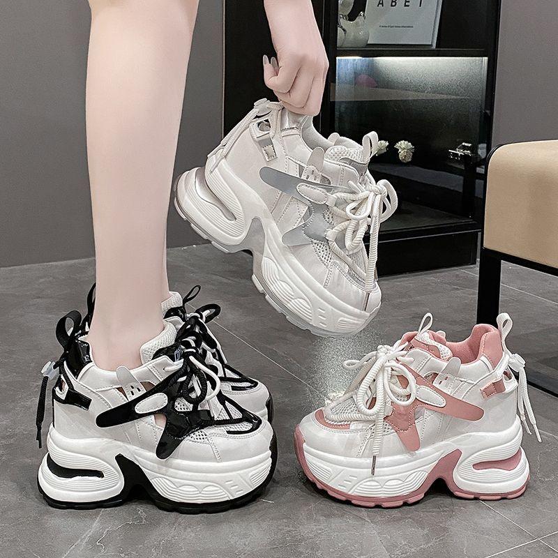 11CM Women Platform Sneakers Lace Up Sports Dad Shoes High Top Chunky Casual Shoes Woman Thick Bottom Mesh White Shoes
