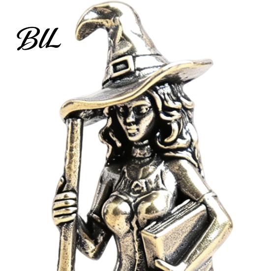 Handcrafted Brass Witch Craft Statue with Cat, Vintage Metal Figurine, Collectible Fantasy Solid Wizard Ornament Halloween Desk for Gothic Home